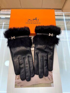 Hermes Black Leather Gloves with Fur Cuff and H Logo